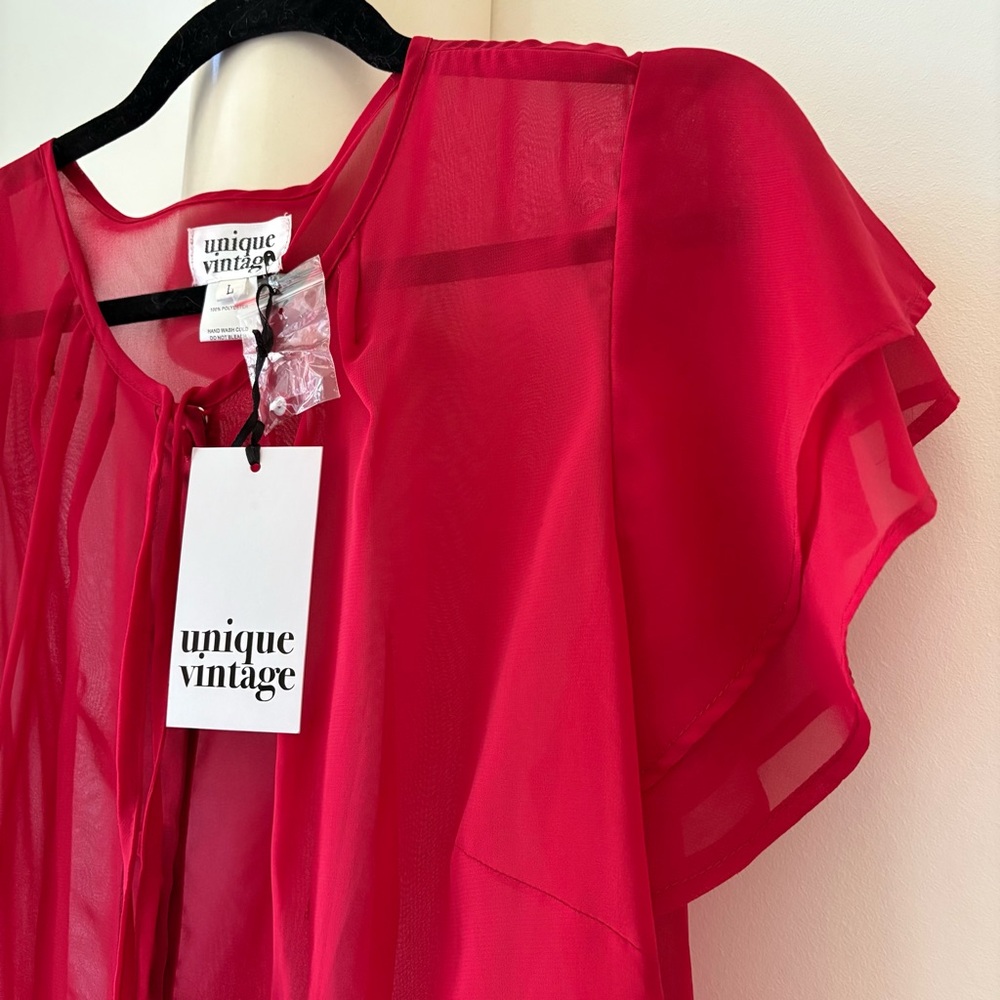 Unique Vintage 1940s Style Burgundy Chiffon Fluttery Cap Sleeve Blouse NWT - L
